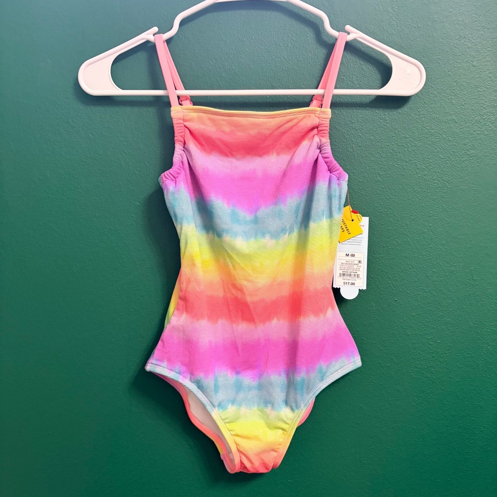 Cat & Jack Rainbow Glitter Ribbed 1pc UPF50 Swim Bathing Suit Medium 8 NEW NWT